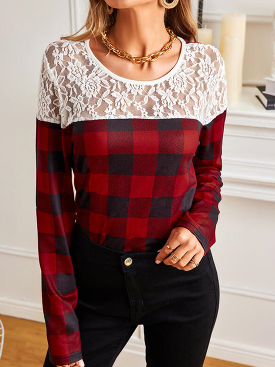 Casual Plaid Print Round Neck Lace Stitching Long sleeved T shirt