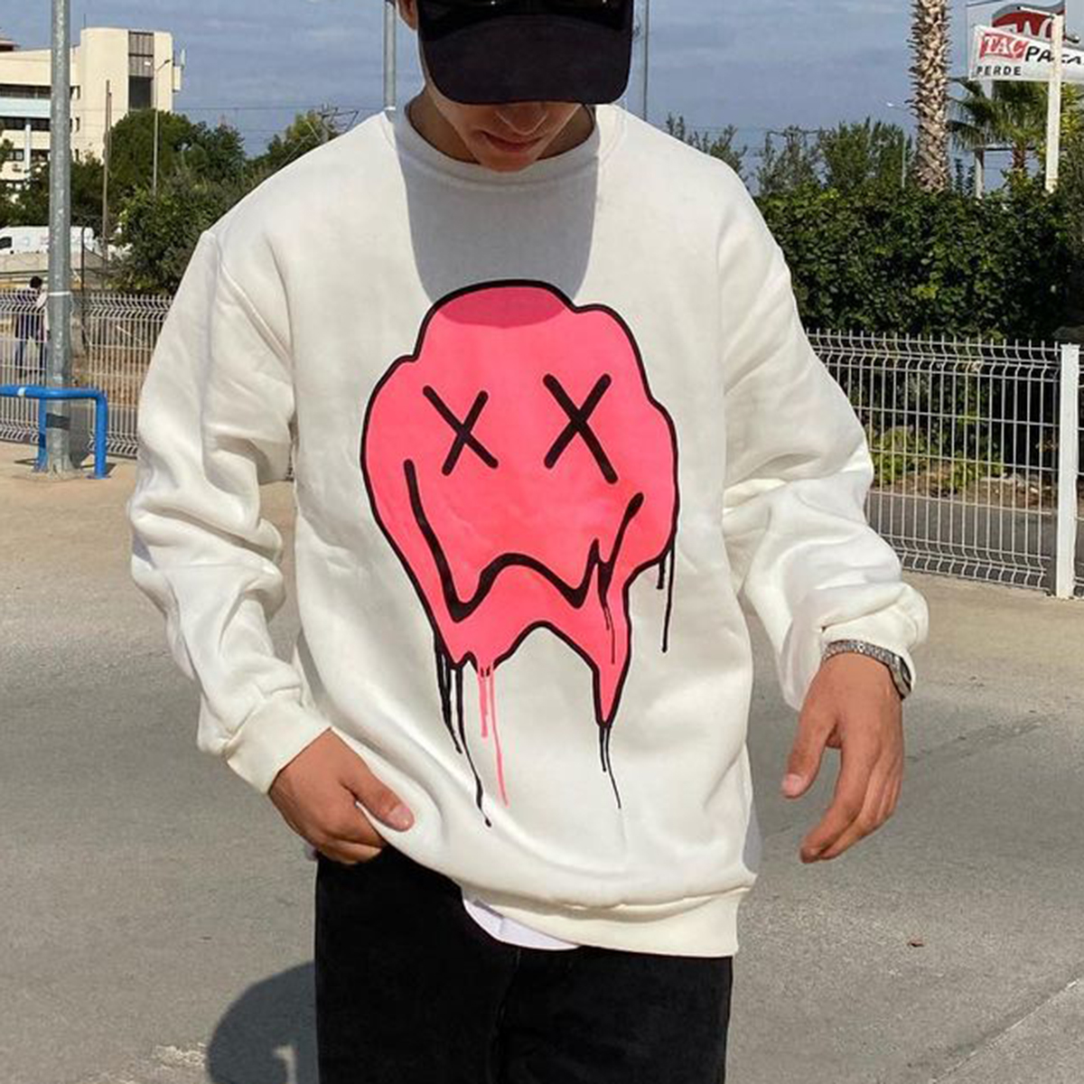 Unisex Retro Casual Smiley Print Sweatshirt