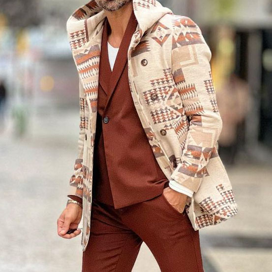 Ethnic Pattern Hooded Double Breasted Coat Jacket