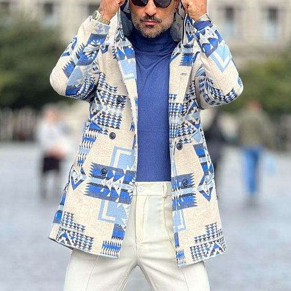 Ethnic Pattern Hooded Double Breasted Coat Jacket