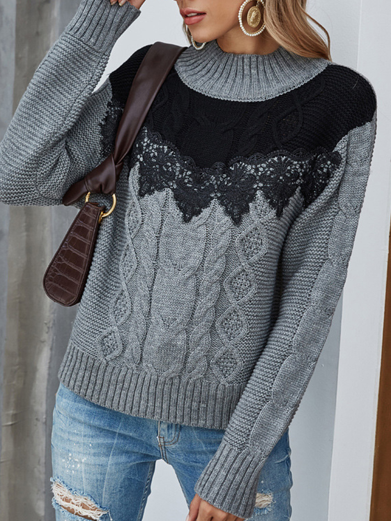 Casual Loose Half Turtleneck Sweater Lace Stitching Long Sleeved Sweater