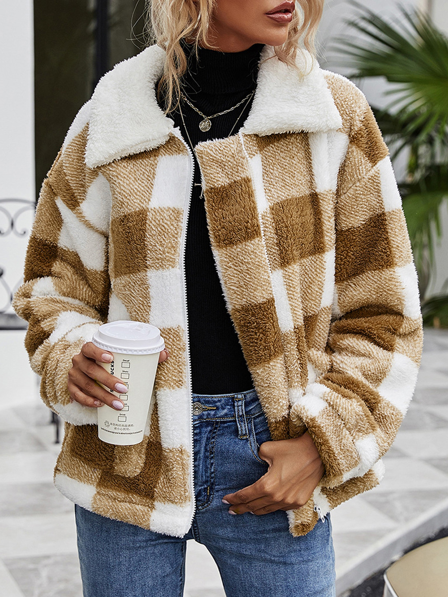 Casual Check Lapel Collar Plush Thermal Coat