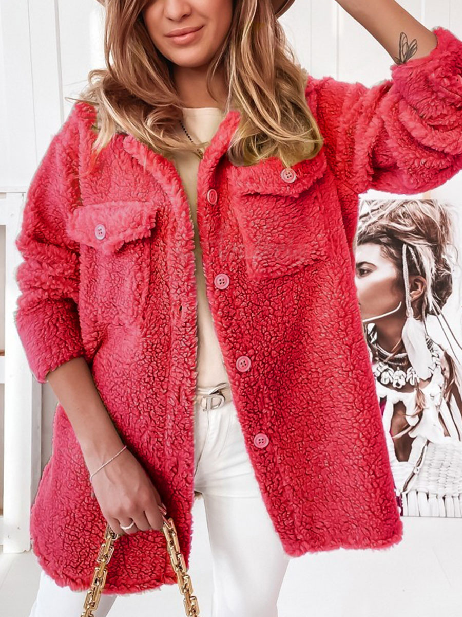 Mid length Solid Color Loose Plush Lapel Imitation Lamb Wool Autumn And Winter Warm Jacket