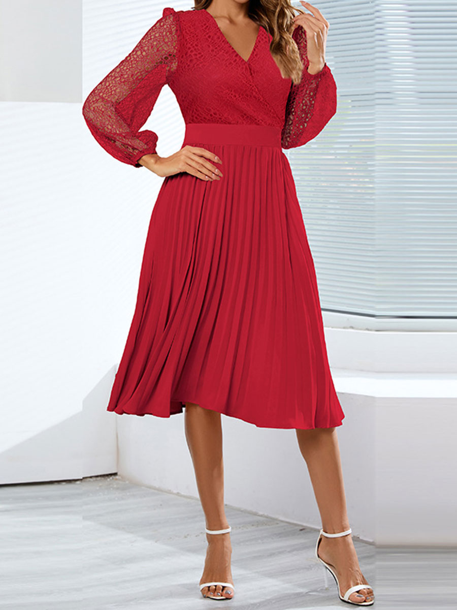 V neck Lace Pleated Dress