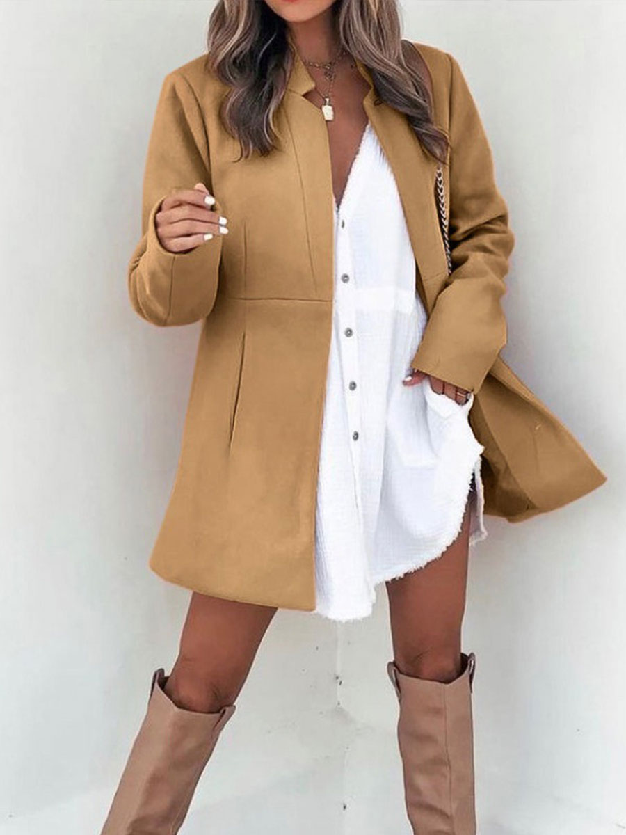 Autumn And Winter Solid Color Slim Long sleeved Pocket Wool Coat