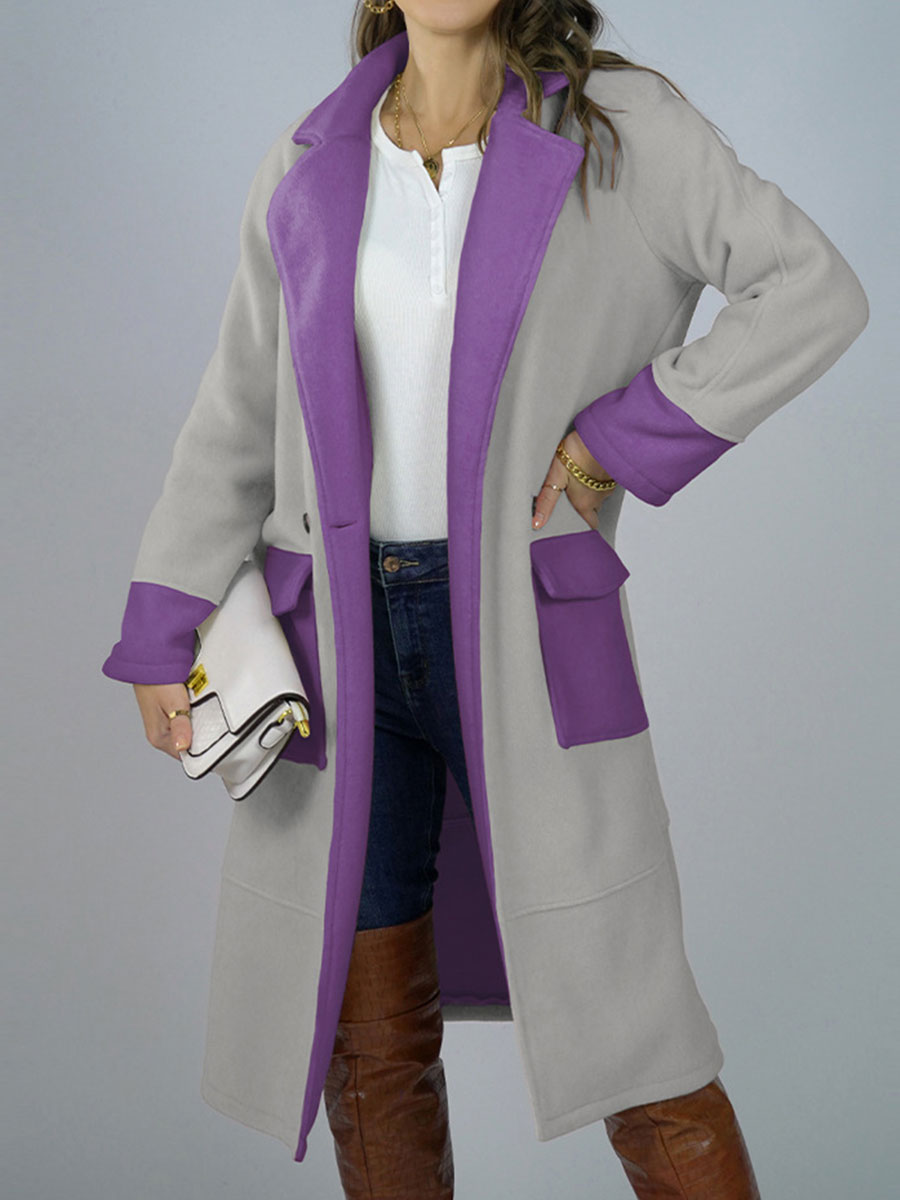 Mid length Lapel Large Slot Pocket Two color Stitching Thick Coat