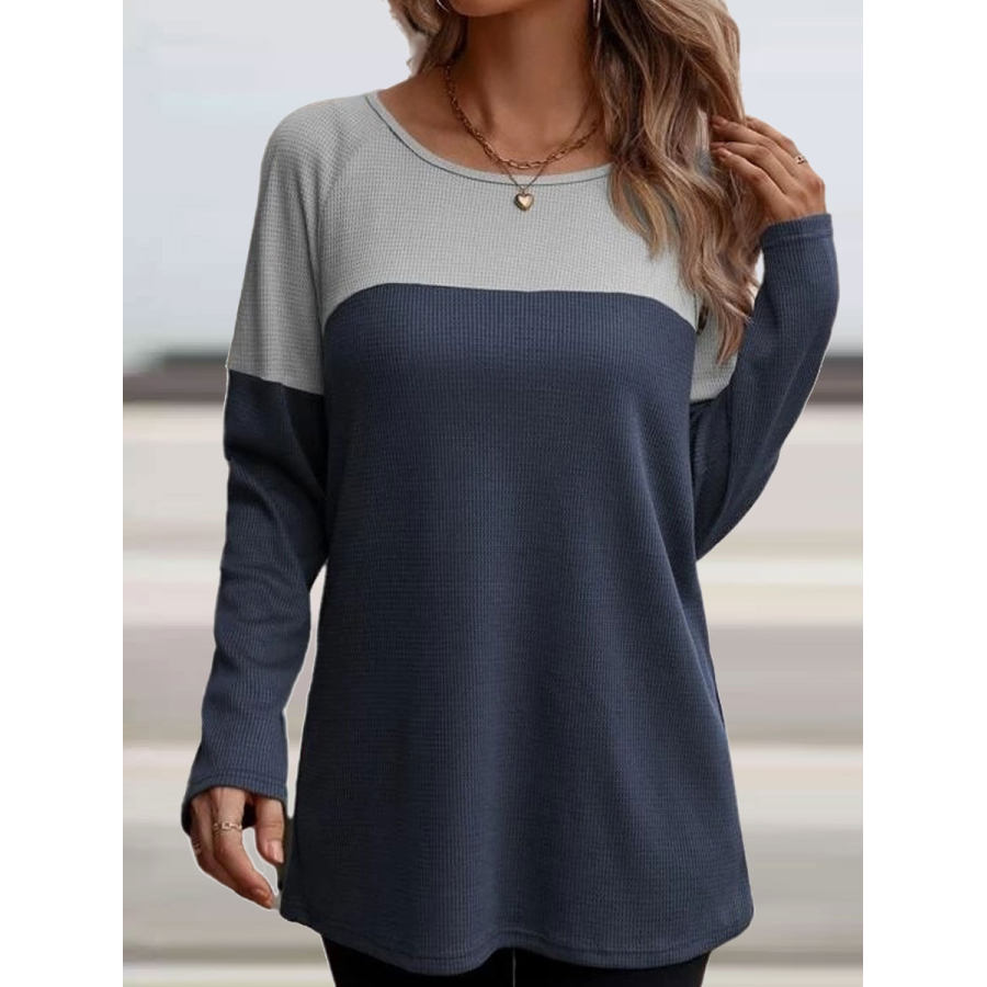 

Round Neck Casual Loose Color Block Stitching Long-sleeved T-shirt