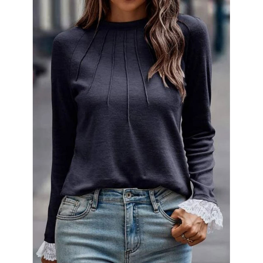 

Round Neck Casual Loose Solid Color Lace Stitching Long-sleeved T-shirt