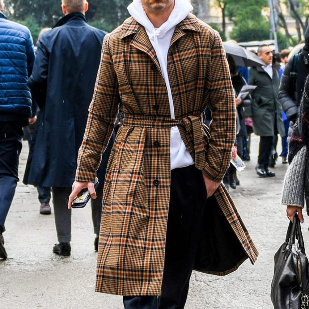 Men's Vintage Plaid Khaki Dragon And Phoenix Fashion Trench Coat