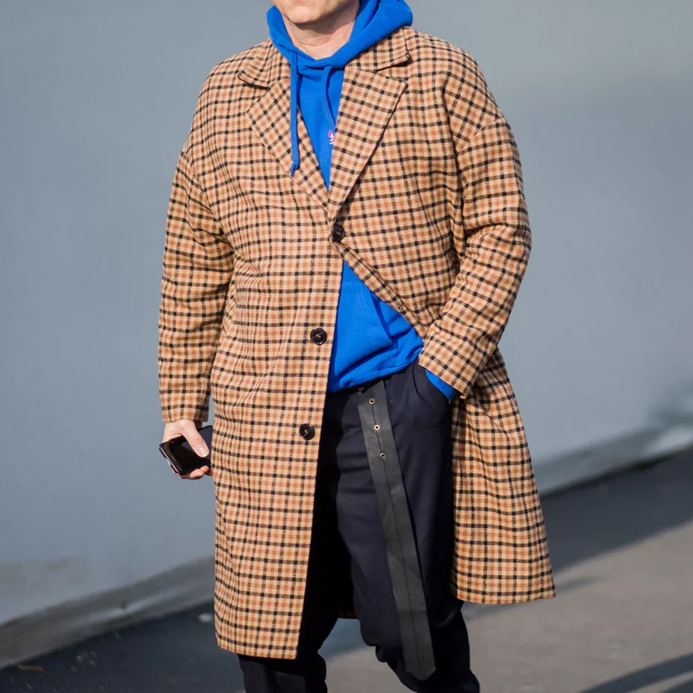 Vintage Plaid Fashion Men's Trench Coat Mid length Coat