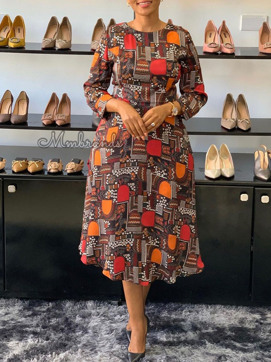 Temperament Round Neck Positioning Print Commuter Casual Mid length Dress