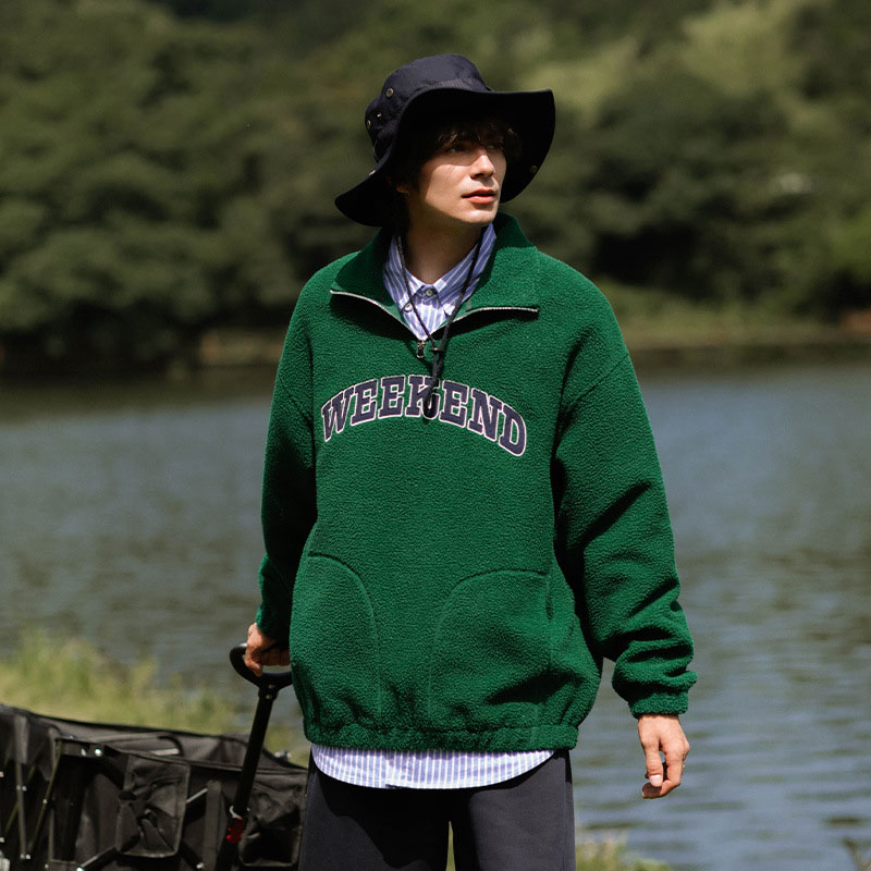Unisex Polar Fleece Embroidered Letters Half Zipper Turtleneck Sweatshirt