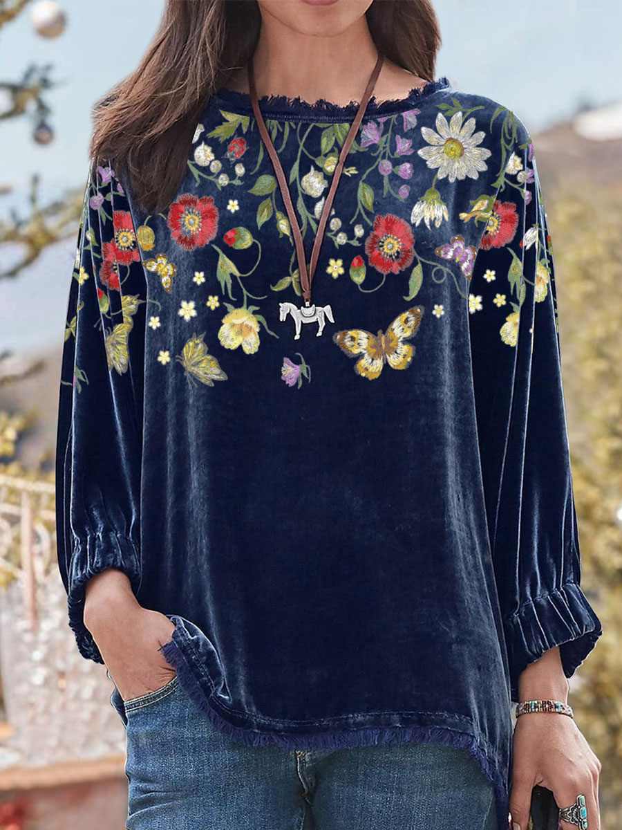 Round Neck Printed Vintage Fleece Shirt