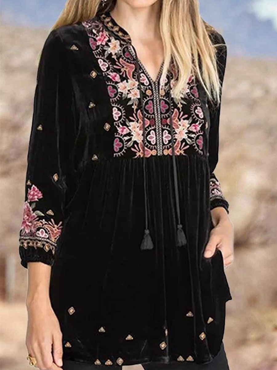 Slim Tie Autumn And Winter V neck Ethnic Print Casual Shirt