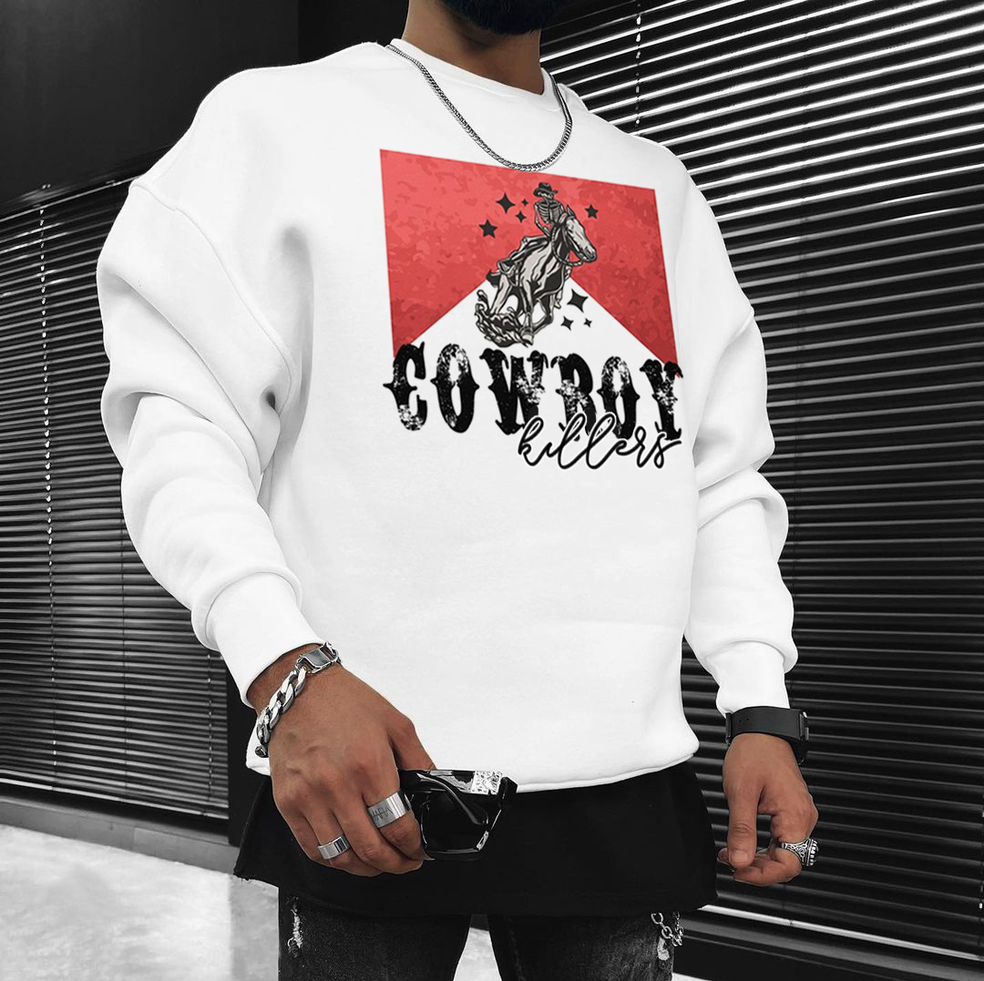 Men's Cowboy Print Casual Oversized Crew Neck Pullover Sweatshirt