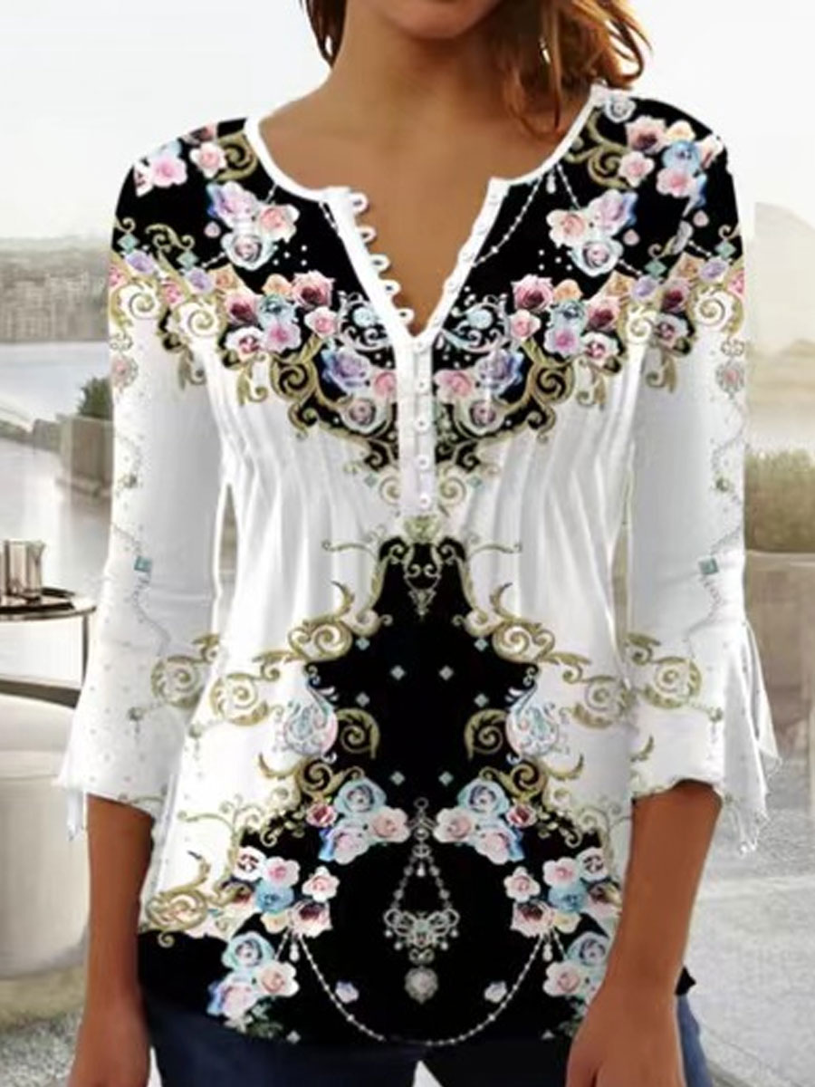 Round Neck Casual Loose Floral Print Button Long Sleeve T shirt