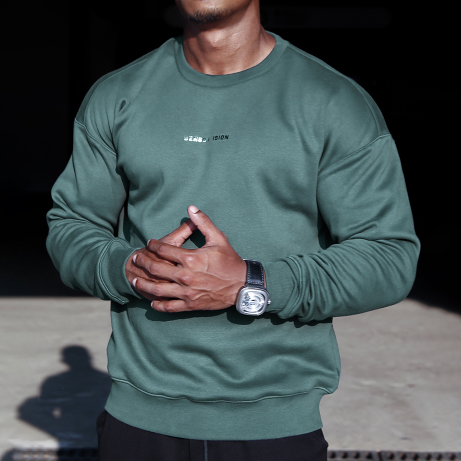 BVSN Fitness Sweater Sports Training Top Casual Round Neck Long Sleeve Plus Velvet Printed Knit Pullover Men