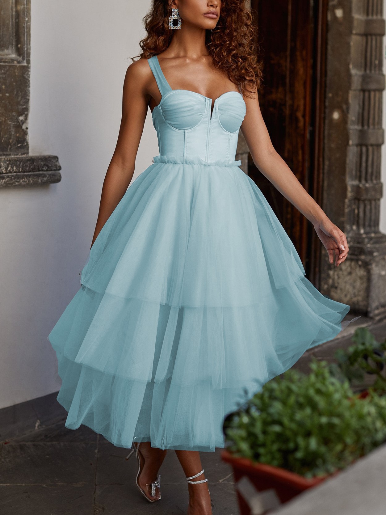 Women's Fashion Sweet Satin Strapless Mesh Wedding Bridesmaid Gown Dress