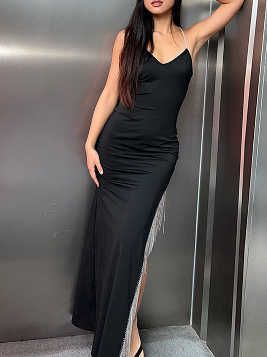 Ladies Elegant Fashion Design Backless Rhinestone Sling Tassel Skirt Slit Banquet Party Dress