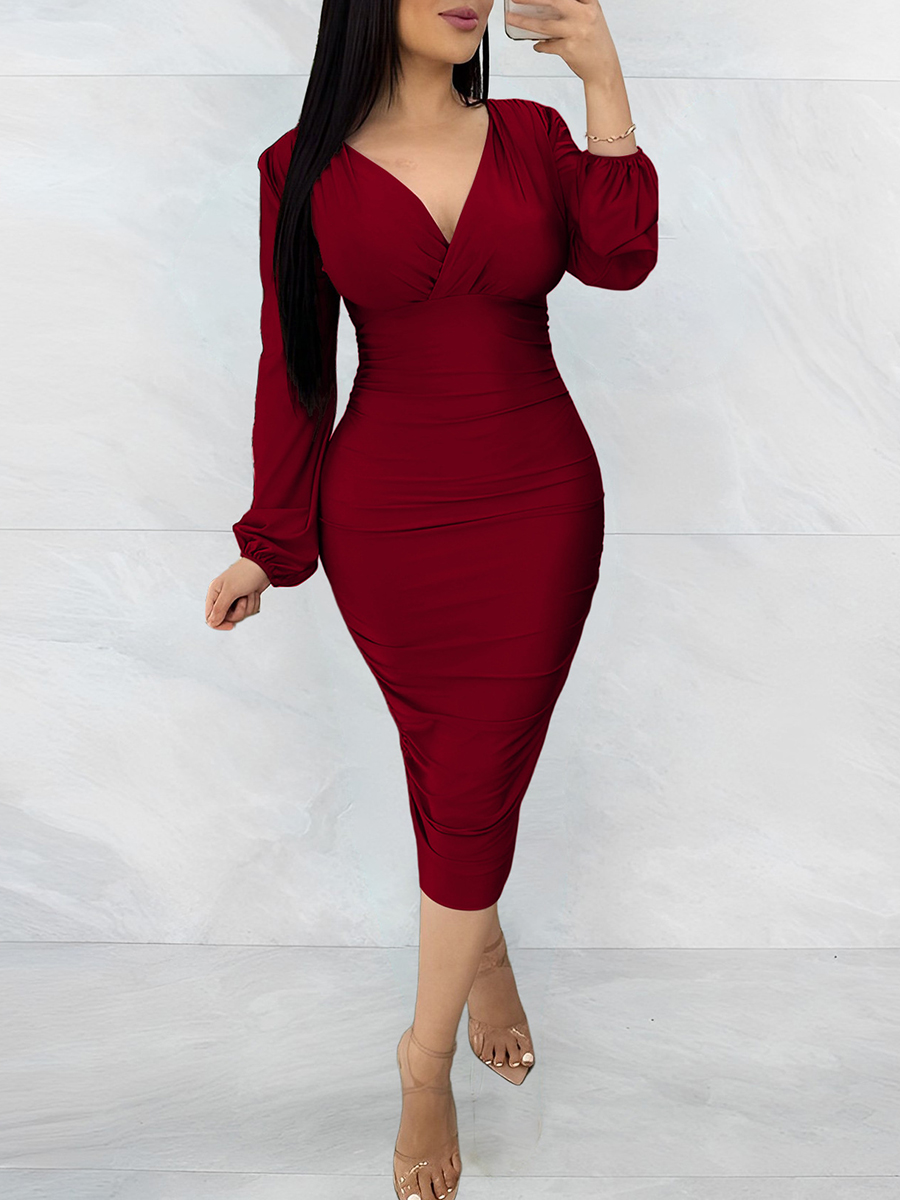 Ladies Elegant And Fashionable V neck New Arrival Ruched Hip Cover Banquet Festival Party Dress