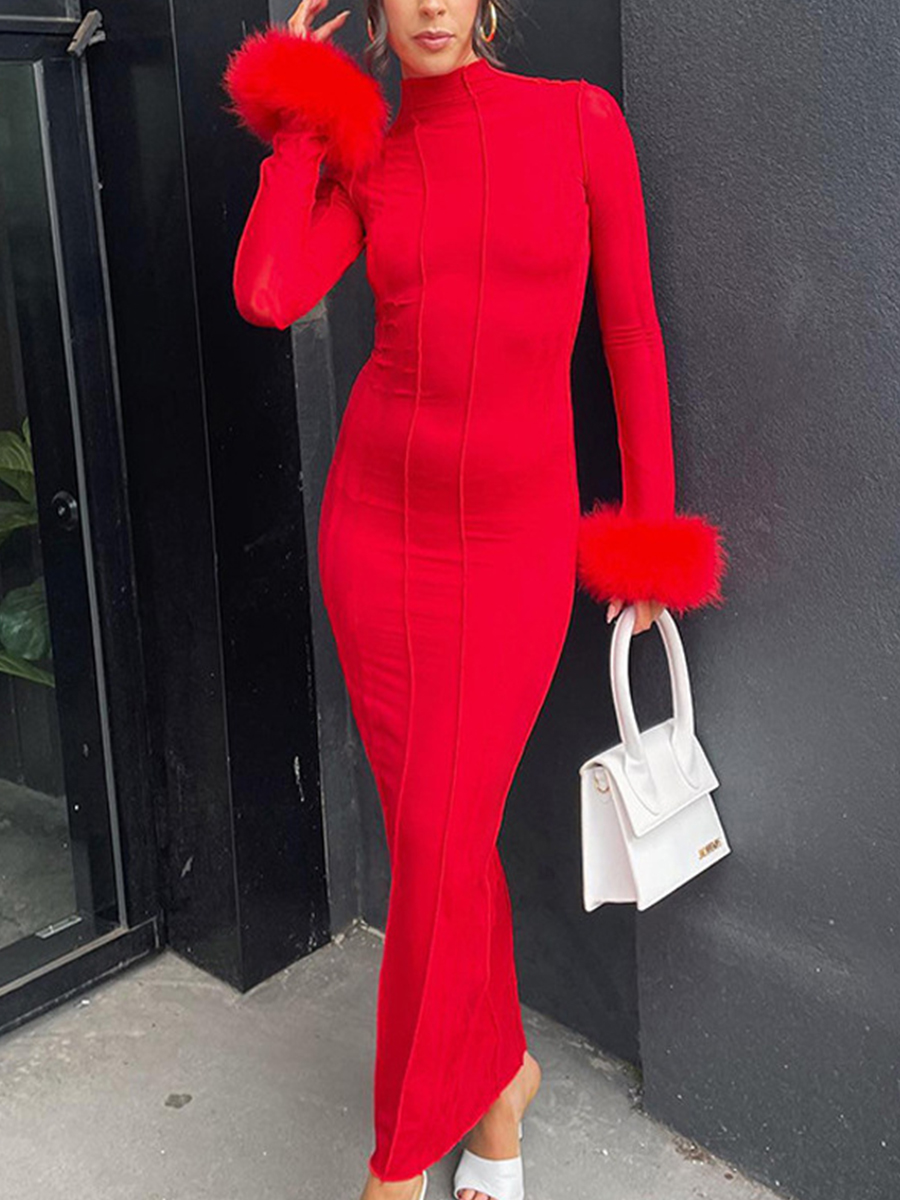 Ladies Elegant Fashion Stand Collar Tight Long Dress Stitching Furry Long Sleeves Long Backless Dress