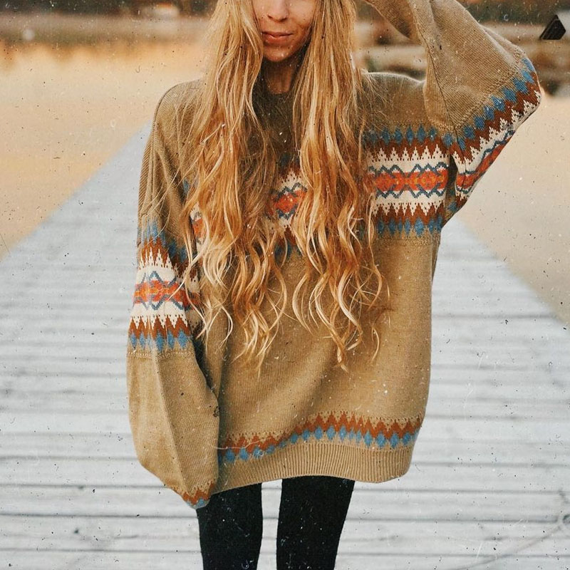 Women Vintage Graphic Loose Knitted Sweater