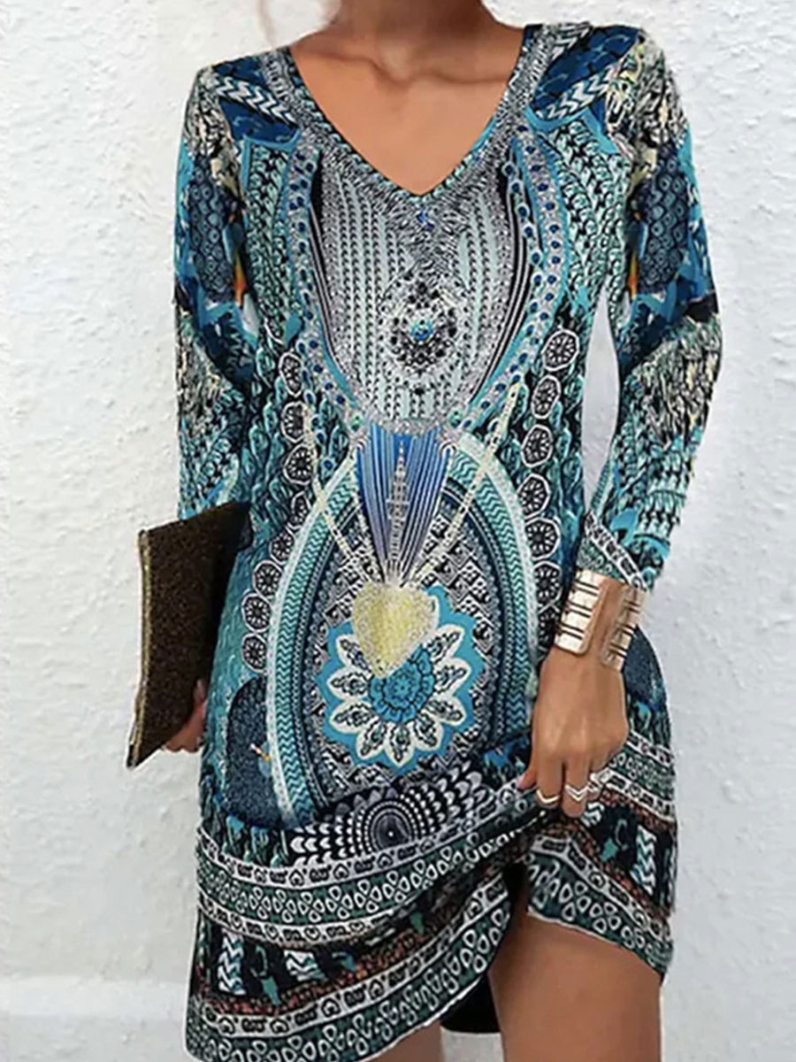 V Neck Bohemian Print Long Sleeve Dress