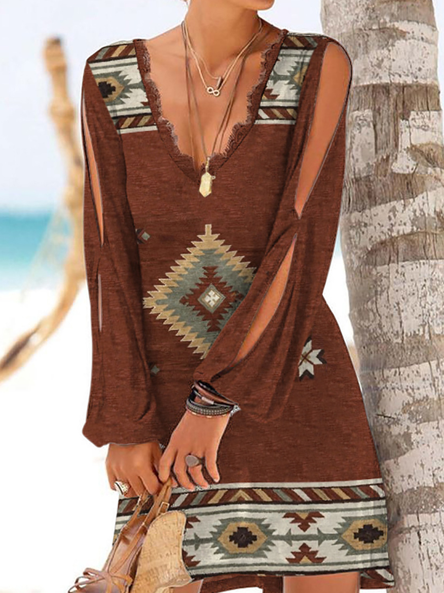 Casual Vintage Ethnic Print V Neck Long Sleeve Short Dress
