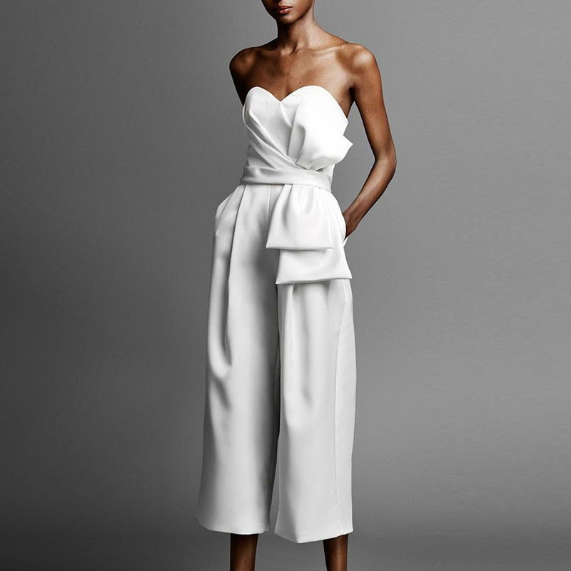 Women Sexy Strapless Backless High waisted Wide leg Bow Jumpsuits