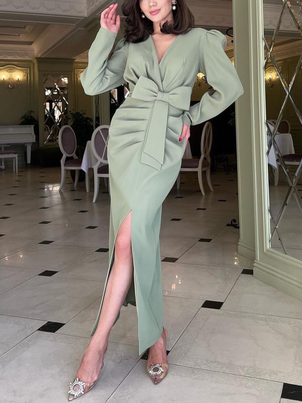 Ladies Fashion Elegant V Neck High Waist Bow Knot Slim Slit Dress