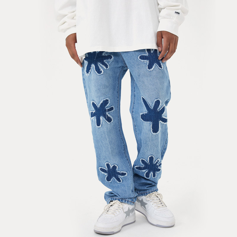 Mens American Retro Burn Flower Wash Water Jeans