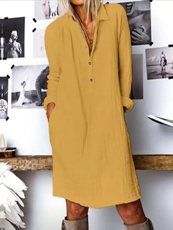 Women's Cotton Linen Long Sleeve Dress - Viewbena.com 