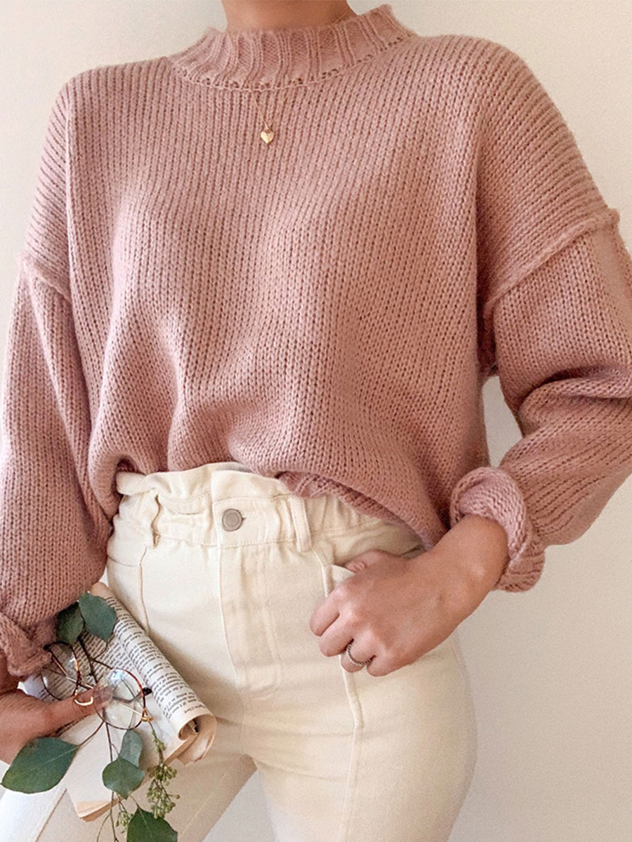 Simple Loose Lotus Pink Loose Round Neck Pullover Knitted Sweater