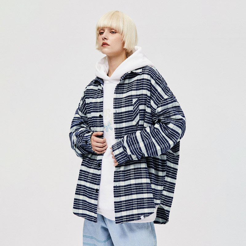 Unisex Vintage Flannel Plaid Pocket Striped Shirt Jacket