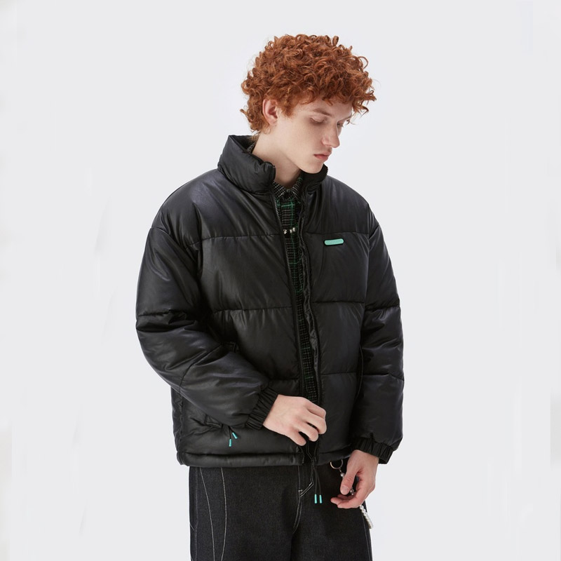 Mens Puffer PU Leather Proof Warm Coat