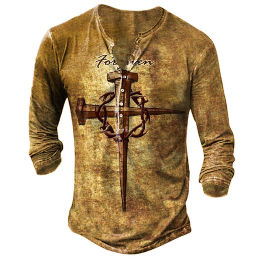 

Men's Vintage Cross Print Henley Collar T-Shirt