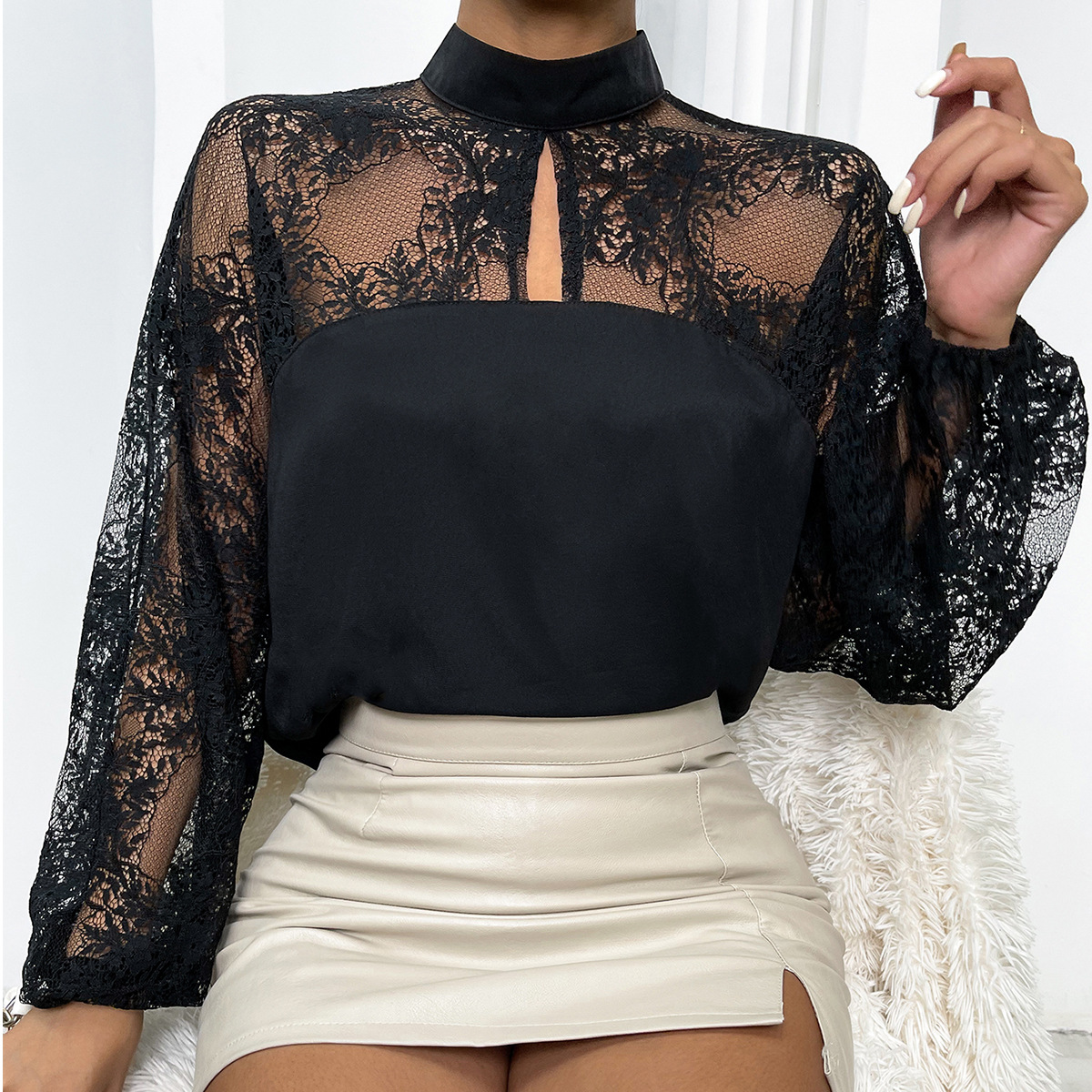 Ladies Elegant Fashion New Black Lace Stitching Sexy Pullover Stand Collar Pure Color Temperament Shirt
