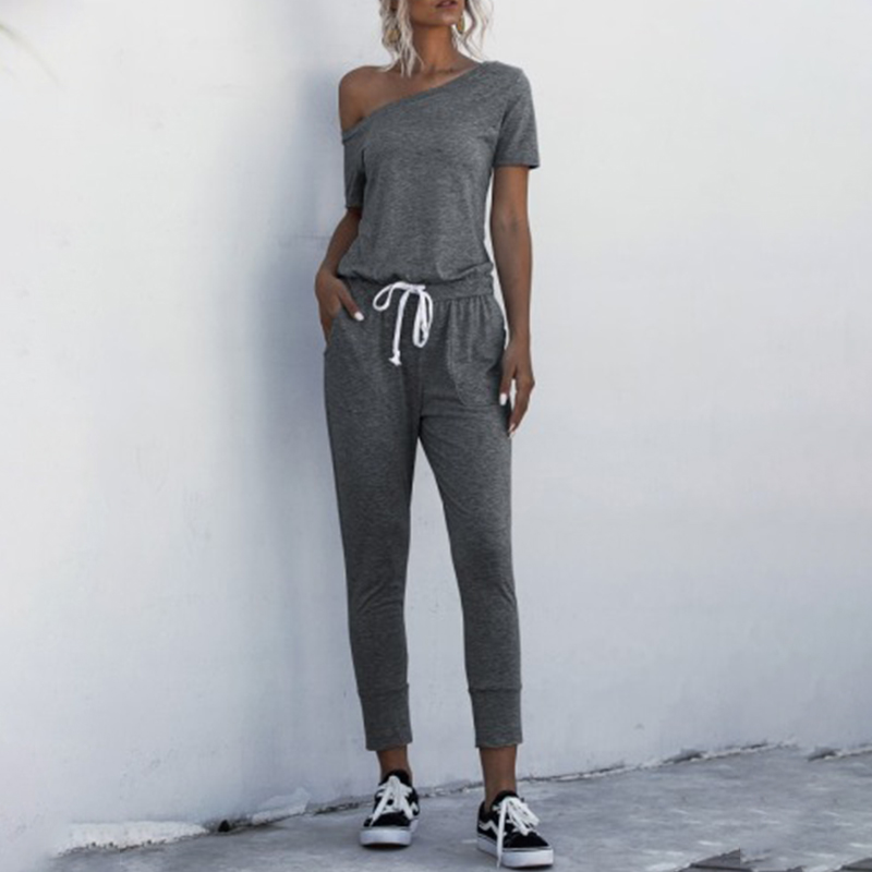 2020 Spring And Summer Off the shoulder Short sleeved Pockets With Oblique Shoulder Strapless Jumpsuit
