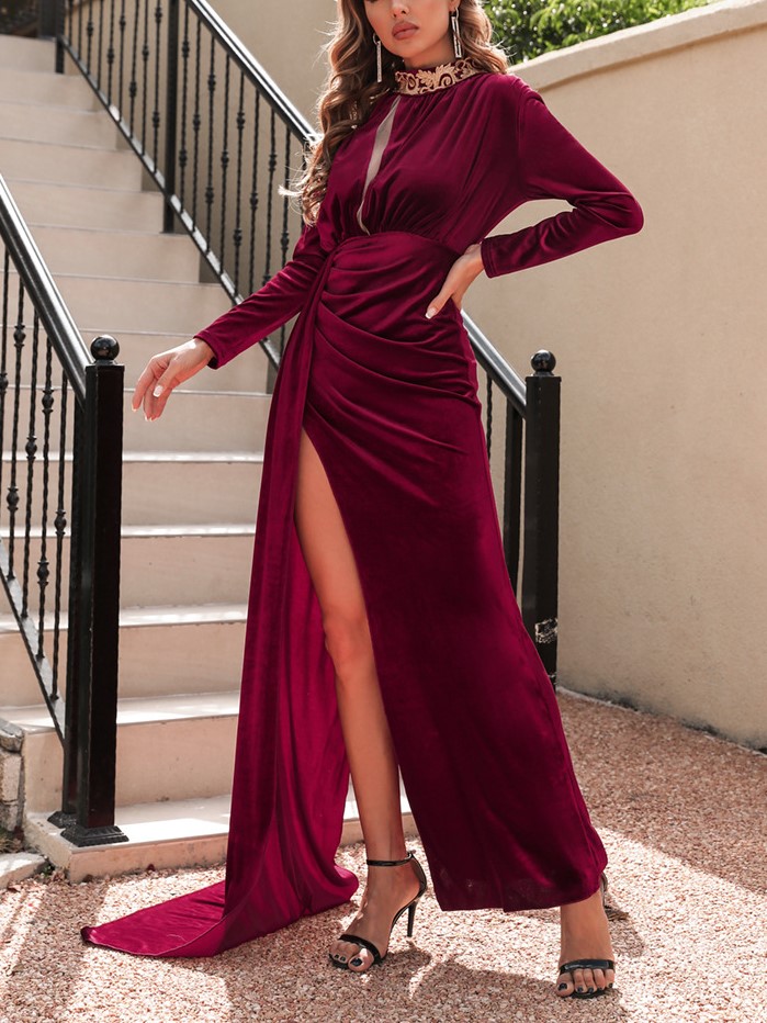 Women's Elegant Velvet Embroidered Print High Neck Sexy Slit Evening Dress