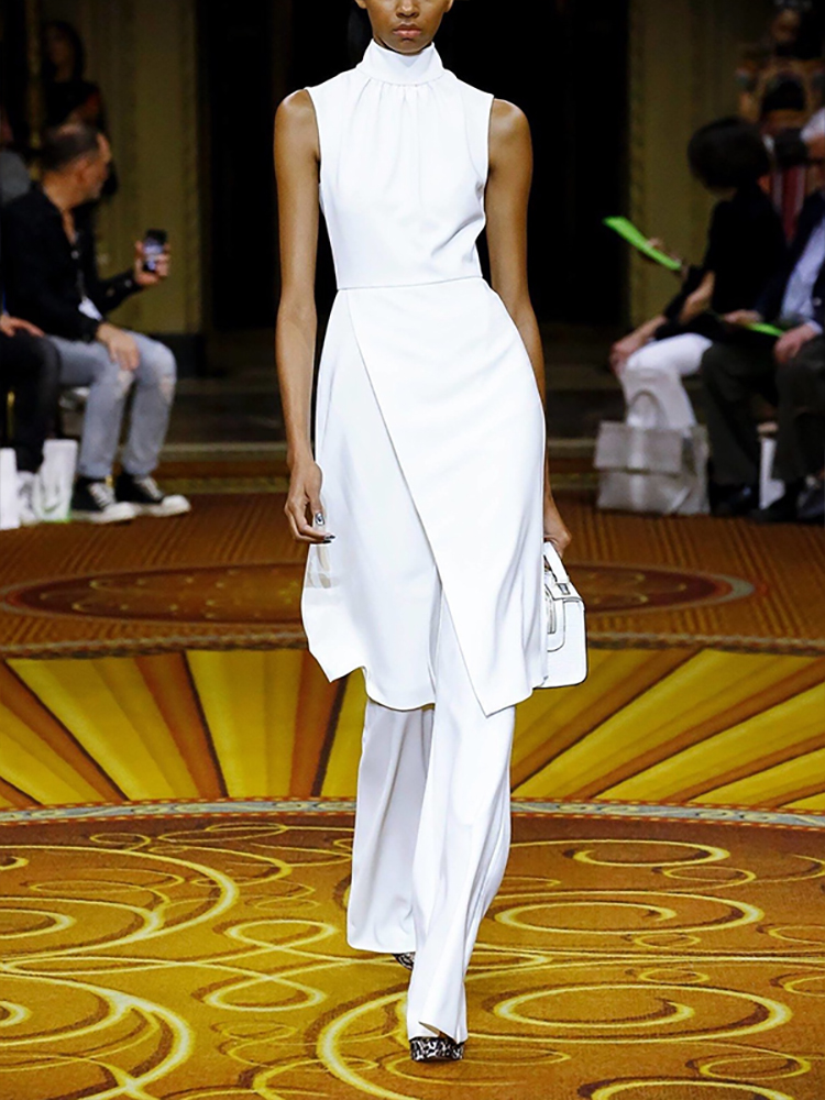 Fashion Stand Collar Pure Color Sleeveless High Waist Suit
