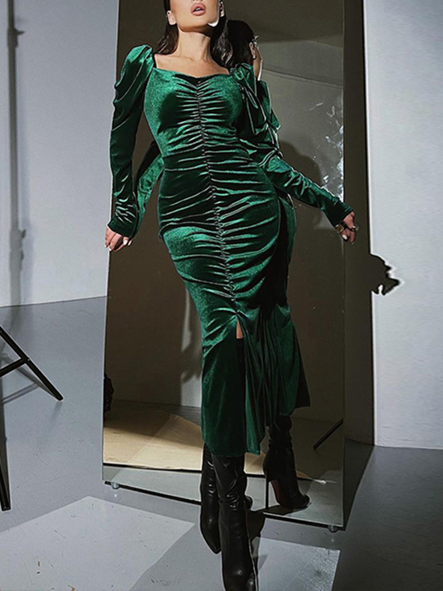 Ladies Elegant Fashion New Temperament Pleated Slim Slit Long Sleeve Dress