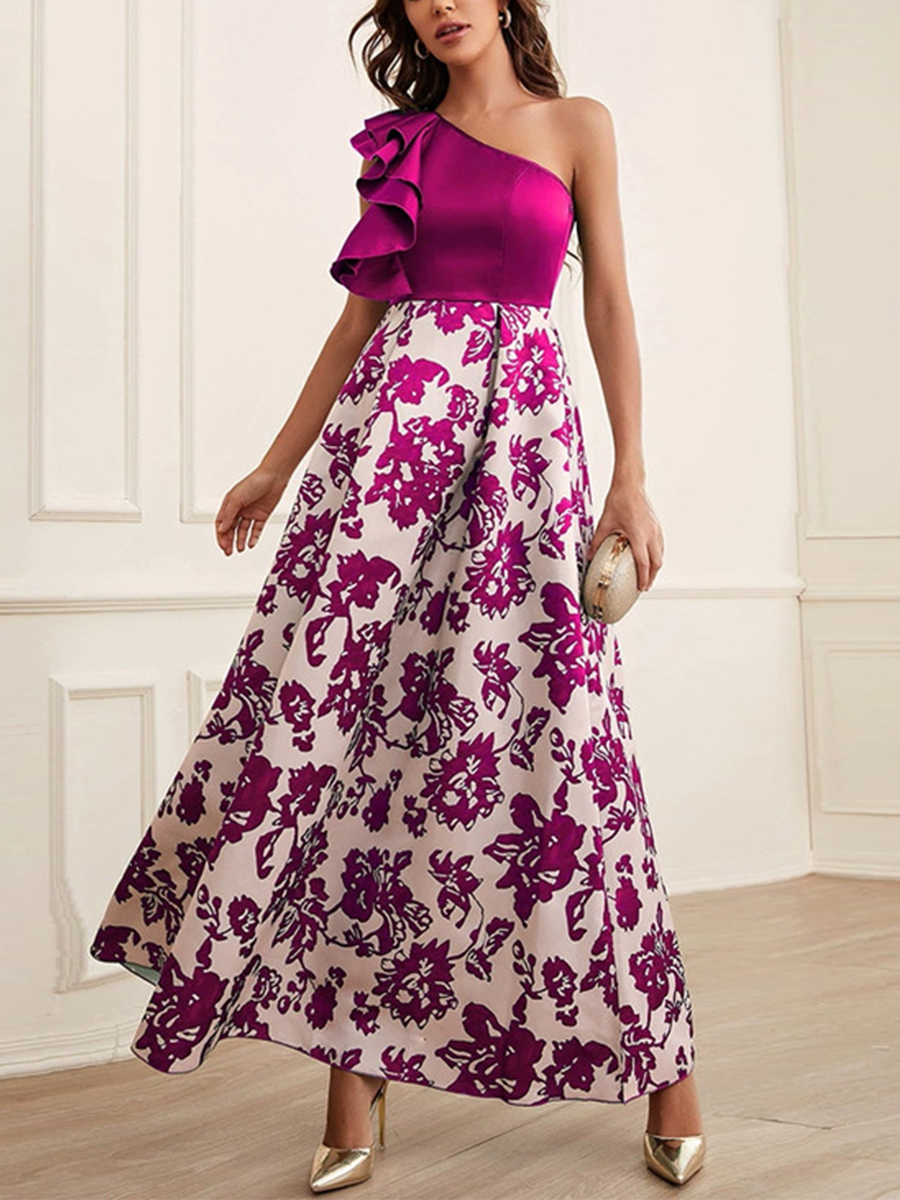 Women's New Printed Diagonal Cross Neck Lotus Lace One Shoulder Elegant Evening Dress