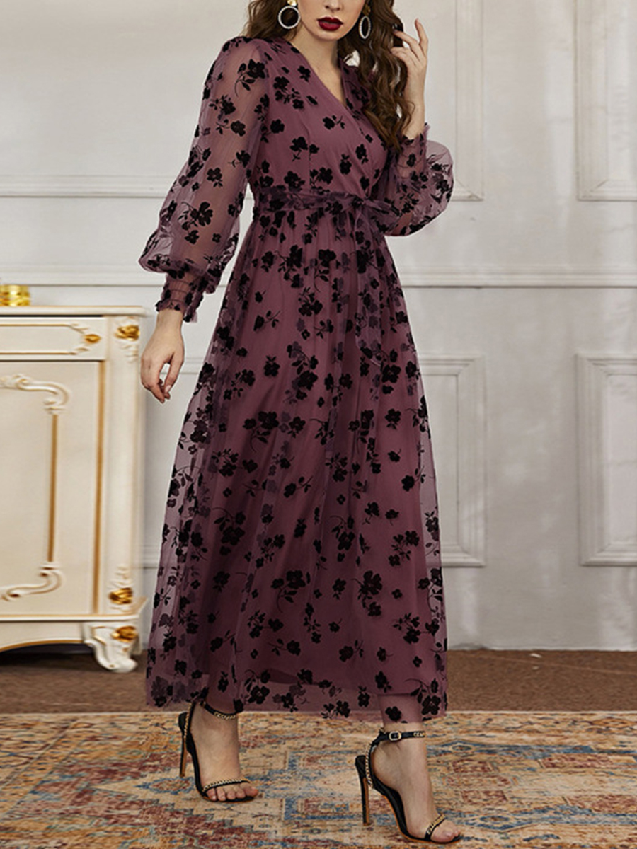 Women's Fashion Casual 2022 Autumn V neck Long Sleeve High Waist Floral Printed Lace Dress