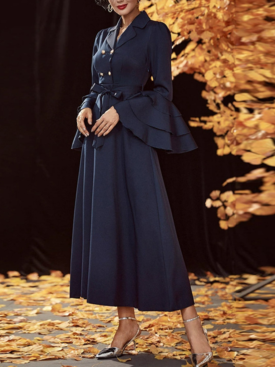 Ladies Elegant Fashion Lapel Bell Sleeve Tie Festive Party Long Sleeve Dress