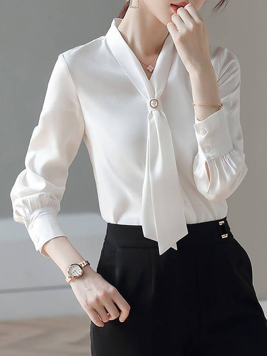Solid Color Chiffon Long sleeved Blouse