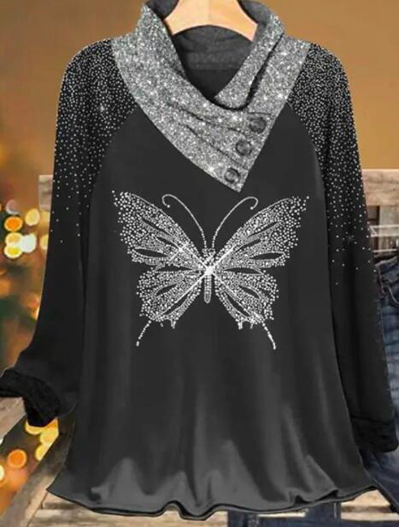 V neck Casual Loose Butterfly Print Long Sleeve T shirt