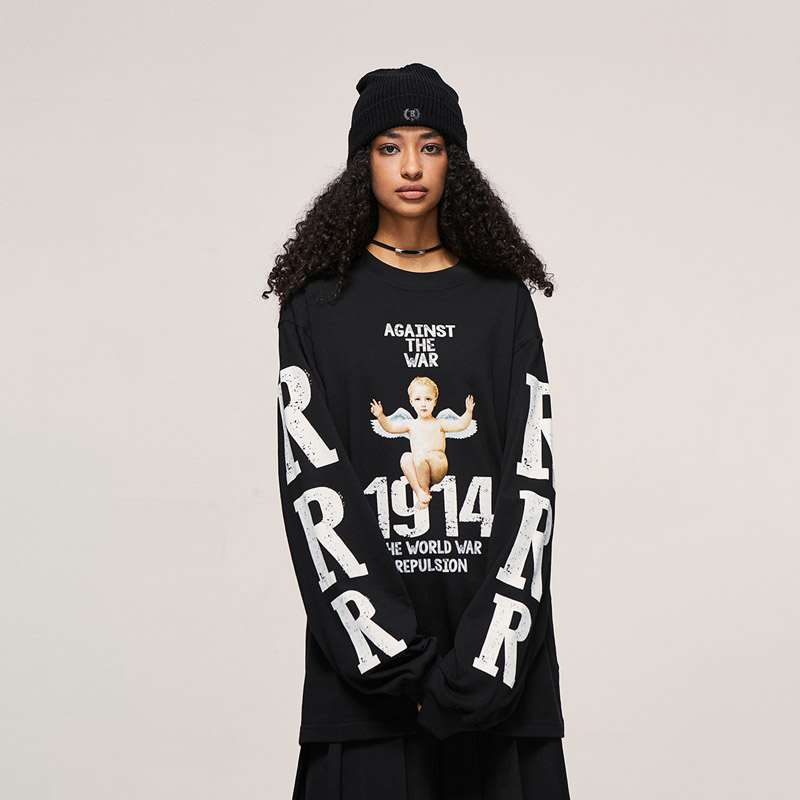 Unisex Angel Graphic Ramie Cotton Long sleeved Loose T shirt