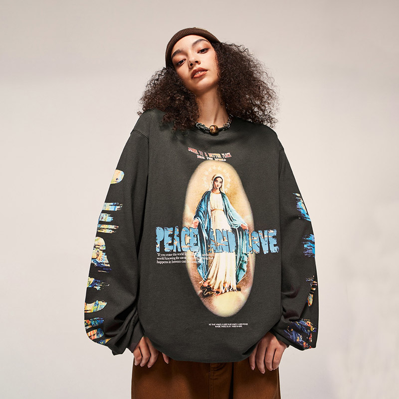 Unisex Retro Religious Madonna Print Long sleeved T shirt