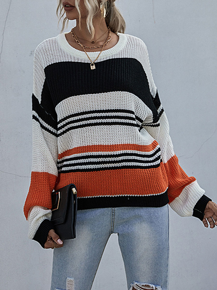Fashion Colorblock Loose Knit Round Neck Pullover Long Sleeve Sweater