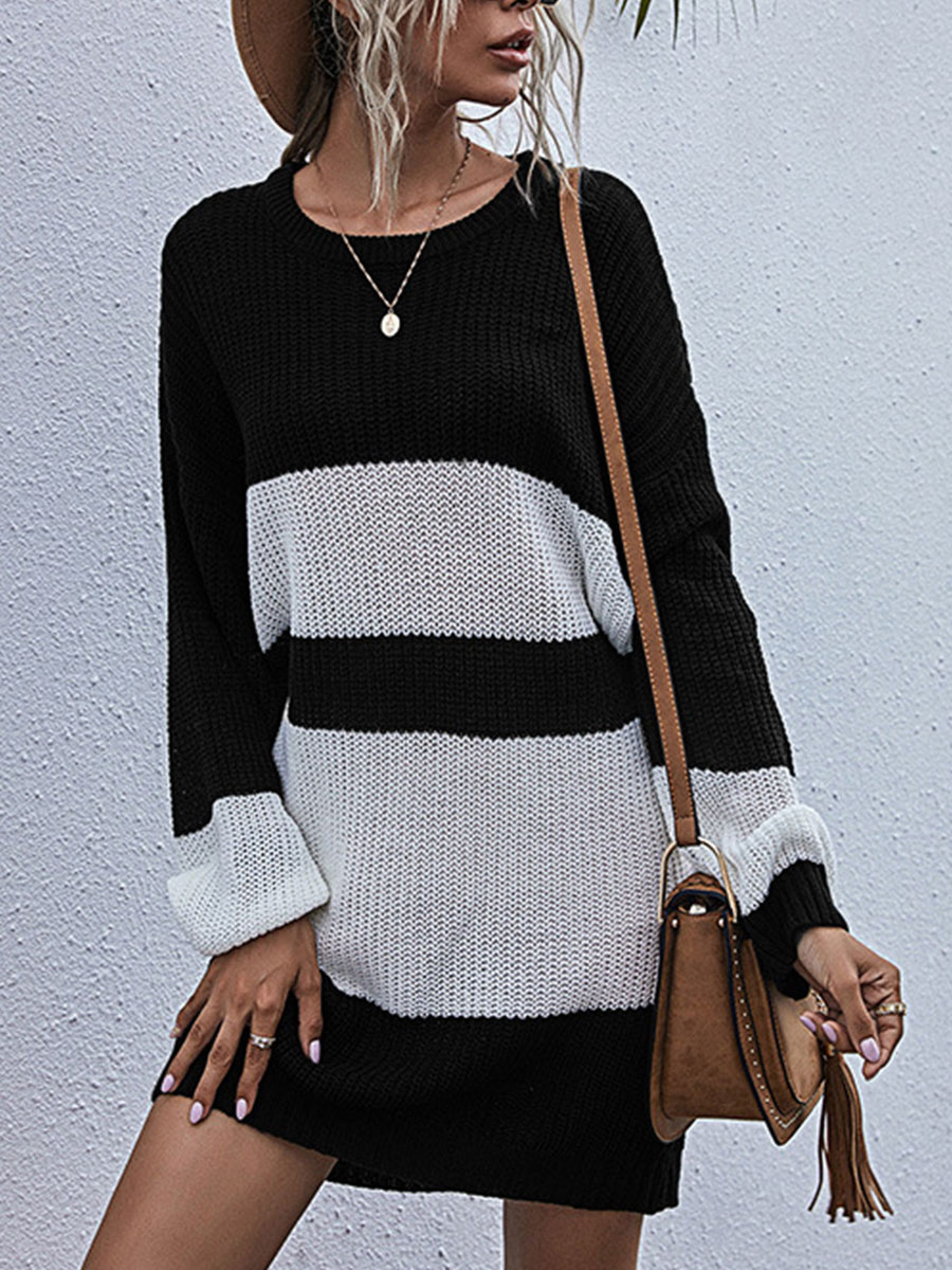 Knitted Color block Japanese Style Lazy Striped Mid length Sweater Dress
